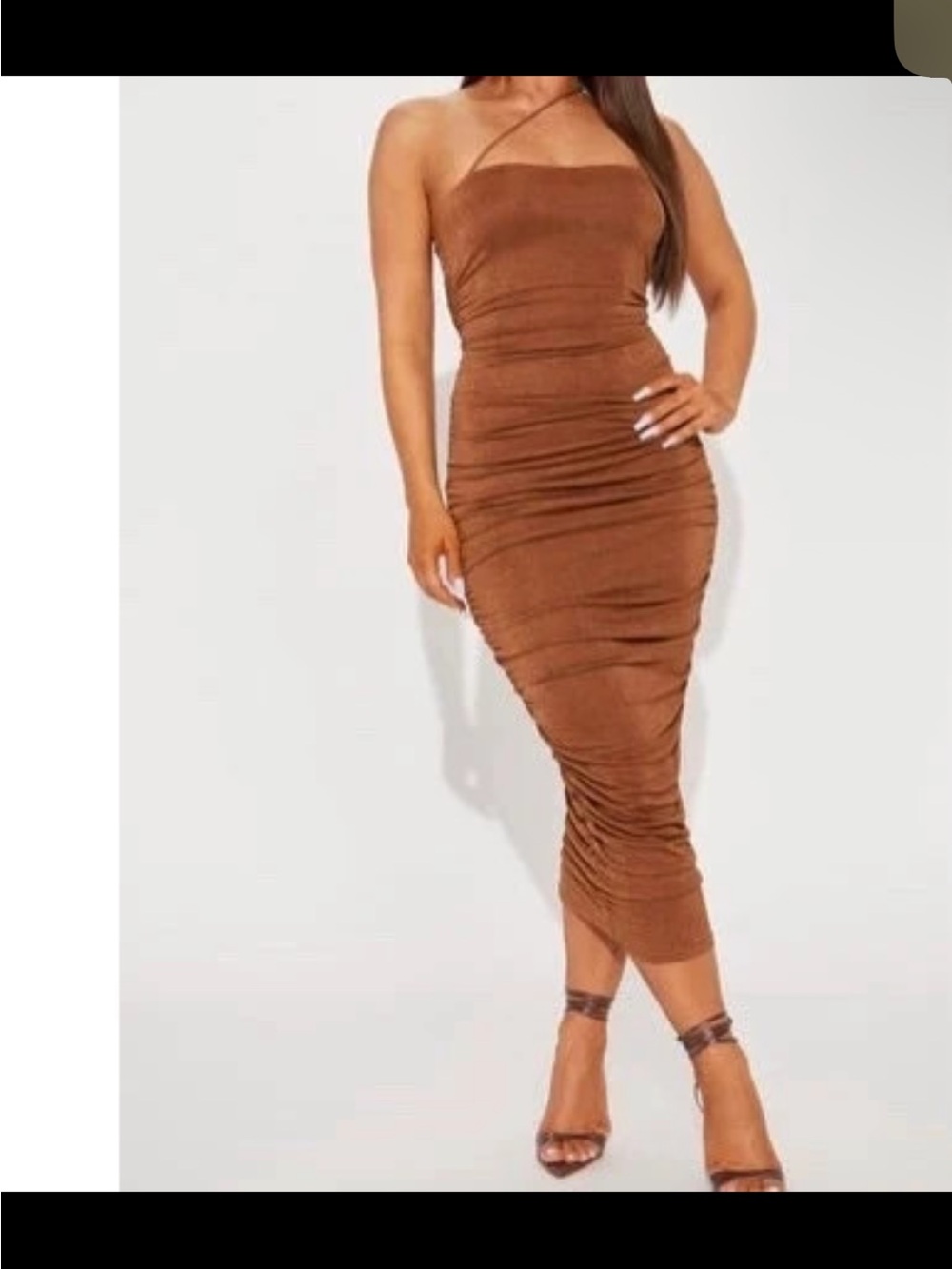 Fashion Nova Brown One-Shoulder Ruched Midi Dress